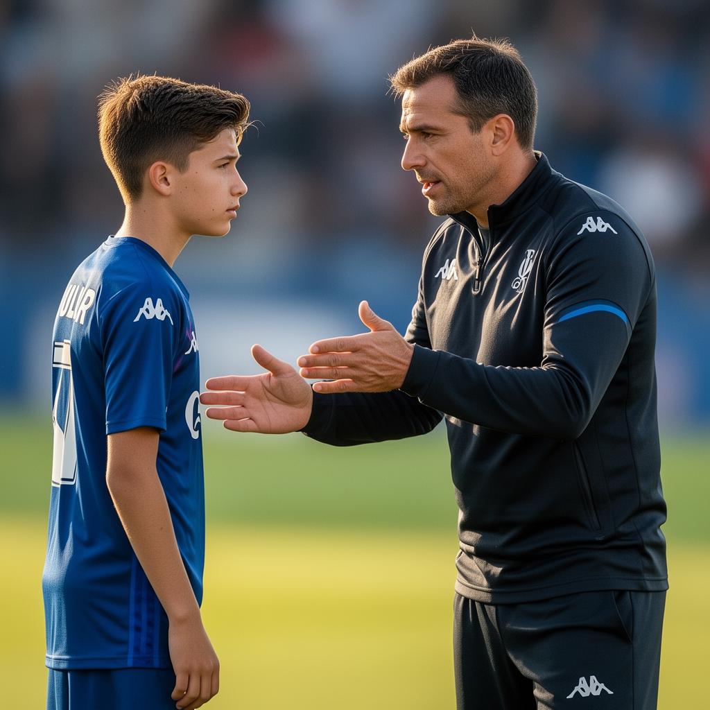 Professional soccer coach guiding a young player on the pitch