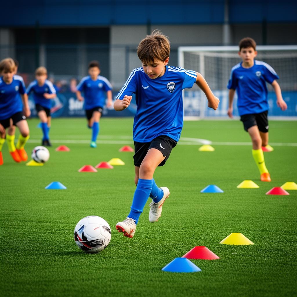 Group of young soccer players training with cones